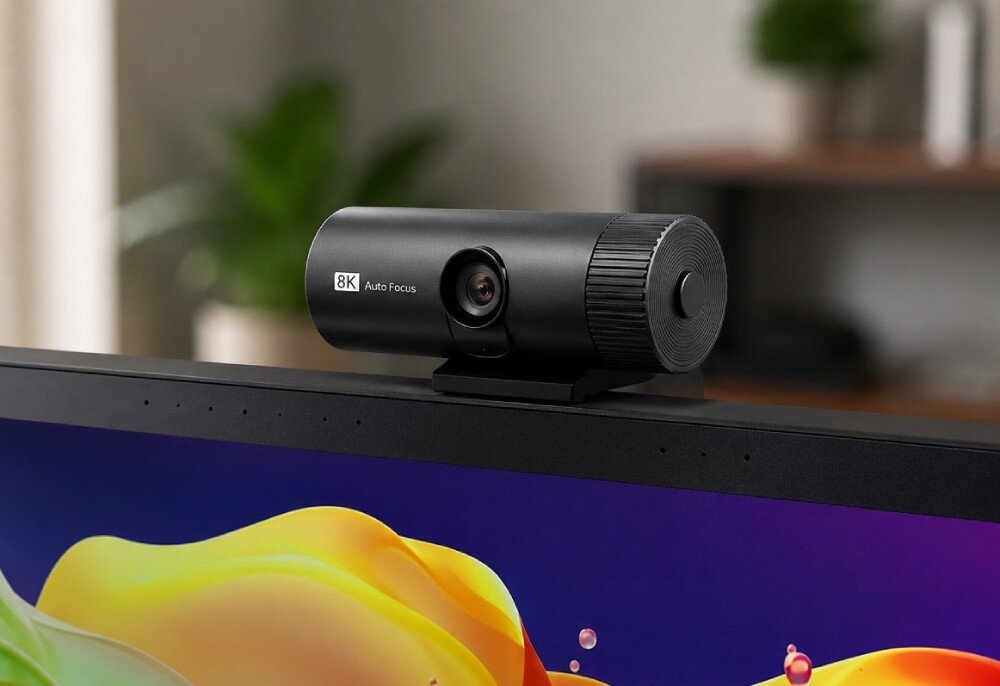 Na obrazie widoczna jest czarna kamera internetowa z napisem \'8K Auto Focus\', zamontowana na górnej krawędzi monitora. W tle znajduje się rozmyte wnętrze pokoju z rośliną.
