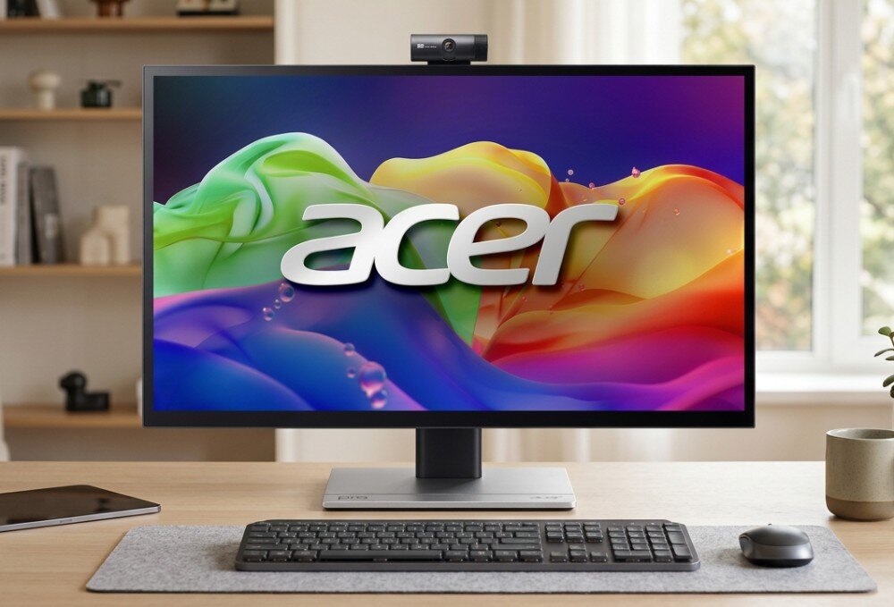 Monitor z logo \'acer\' na ekranie, wyświetlający kolorową grafikę. Na biurku przed monitorem znajdują się klawiatura i myszka.