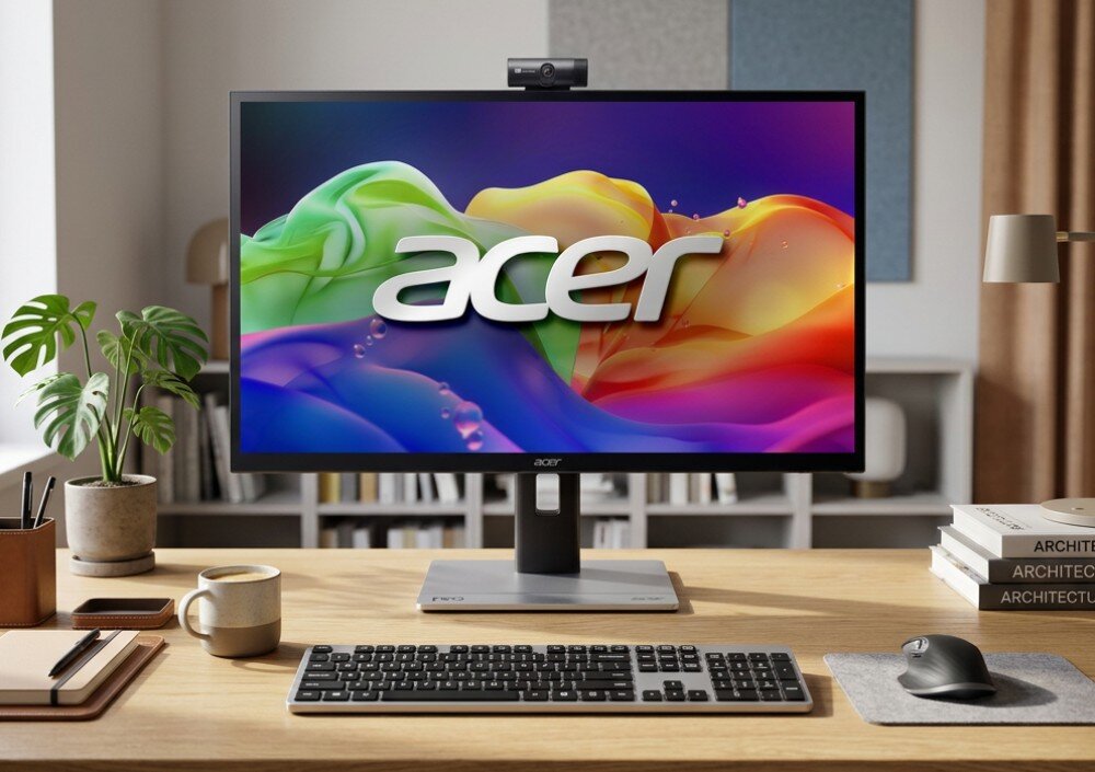 Monitor z logo \'acer\' wyświetla kolorową grafikę na biurku z klawiaturą, myszką i rośliną w doniczce. W tle znajdują się książki i lampa.
