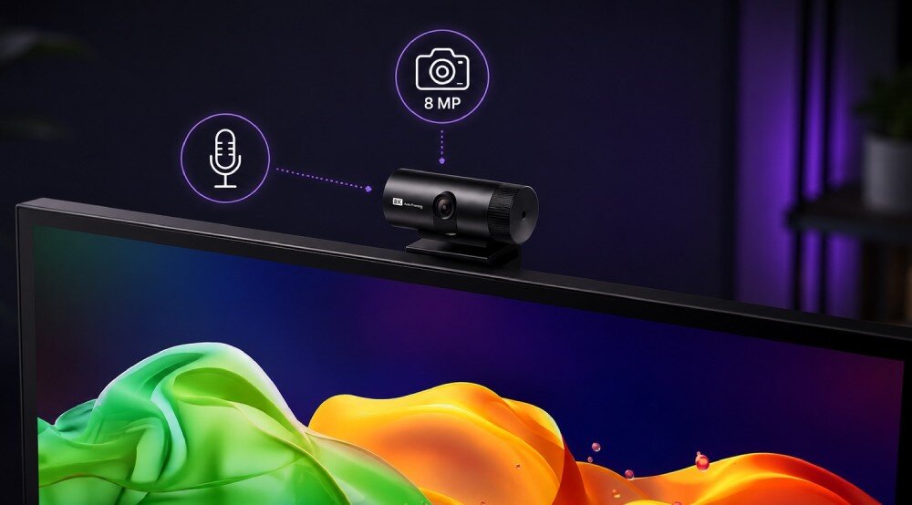 Na górnej krawędzi monitora zamontowana jest kamera z oznaczeniem \'8 MP\'. Obok kamery znajdują się ikony mikrofonu i aparatu fotograficznego.