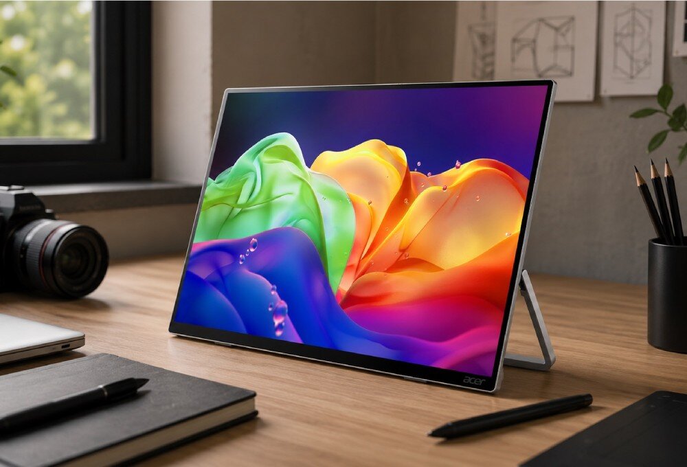 Monitor ACER ProDesigner PE160WUT Przenośny monitor oparty na wbudowanej podstawce, stojący na drewnianym biurku obok aparatu, notesu i rysika