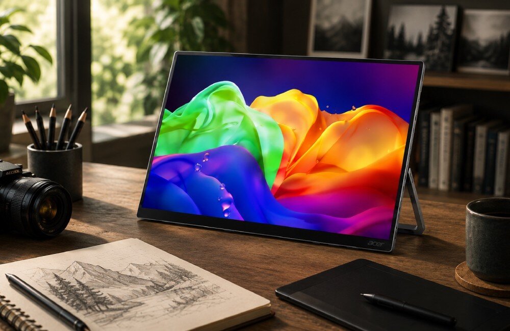 Monitor ACER ProDesigner PE160WUT Przenośny monitor na drewnianym stole w otoczeniu szkicownika, rysika, pojemnika z ołówkami i aparatu