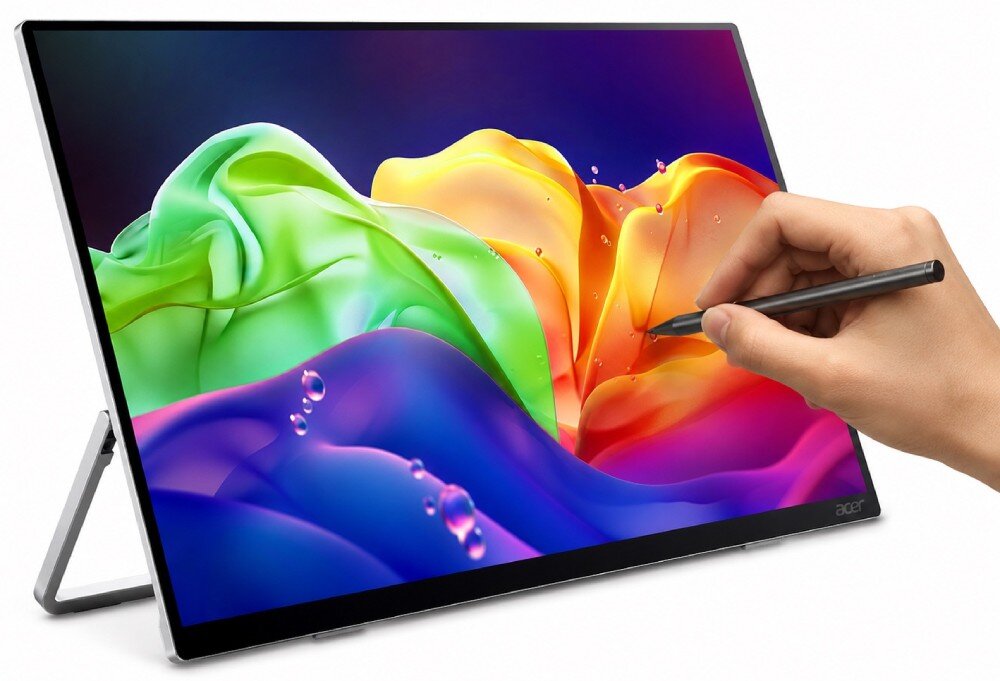 Monitor ACER ProDesigner PE160WUT Dłoń używająca rysika do dotykania ekranu przenośnego monitora opartego na rozkładanej nóżce