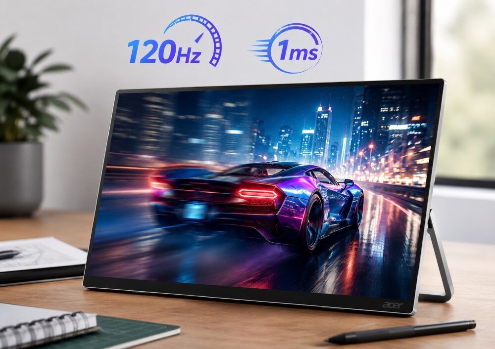 Monitor ACER ProDesigner PE160WUT Przenośny monitor wyświetlający grę wyścigową z autem, z ikona '120Hz' oraz '1ms' w górnej części obrazu