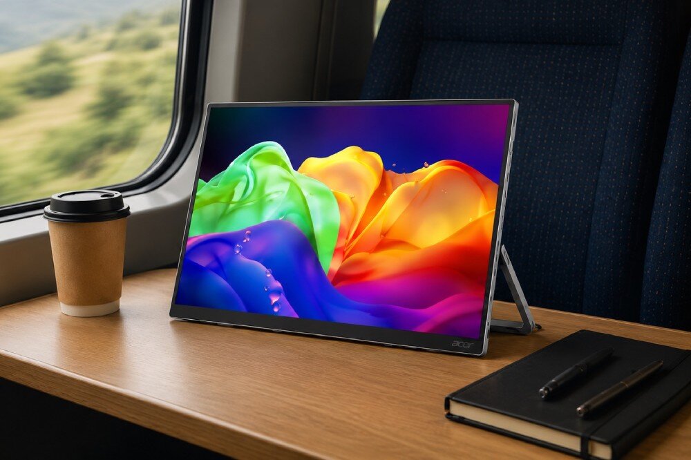 Monitor ACER ProDesigner PE160WUT Przenośny monitor stojący na stoliku w pociągu przy oknie, obok papierowego kubka i notesu