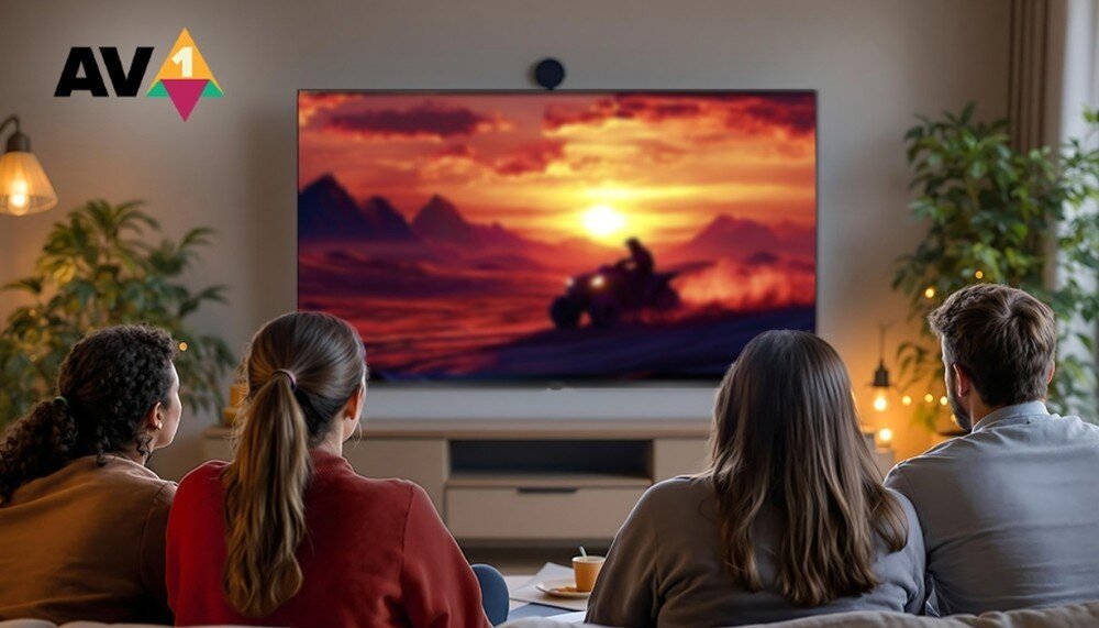 Telewizor SHARP 43HL4765E, obsługa kodeka AV1, sprzętowe dekodowanie wideo, szczegółowy obraz i streaming internetowy, telewizor zawieszony na scianie w pomieszczeniu