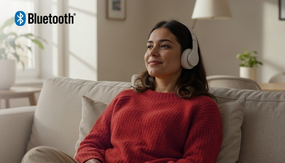 Telewizor SHARP 43HL4765E, Bluetooth, bezprzewodowe parowanie słuchawek i akcesoriów, oglądanie filmów bez przewodów, osoba siedżaca na kanapie w założonych słuchawkach
