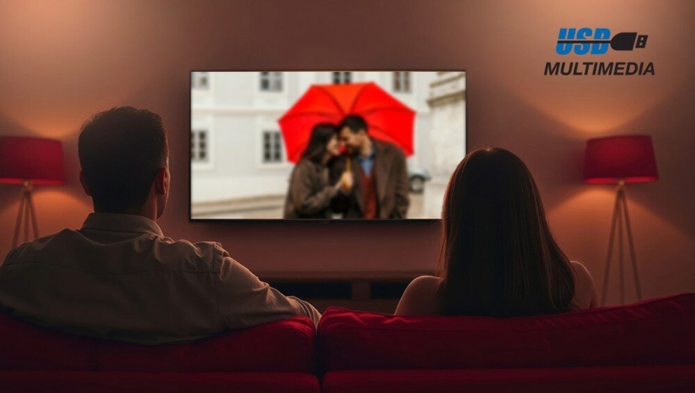 Telewizor SHARP 43HL4765E, dwa porty USB, odtwarzanie muzyki, wyświetlanie zdjęć z pamięci zewnętrznej oraz podłączenie myszy i klawiatury, telewizor zawieszony na ścianie w pomieszczeniu