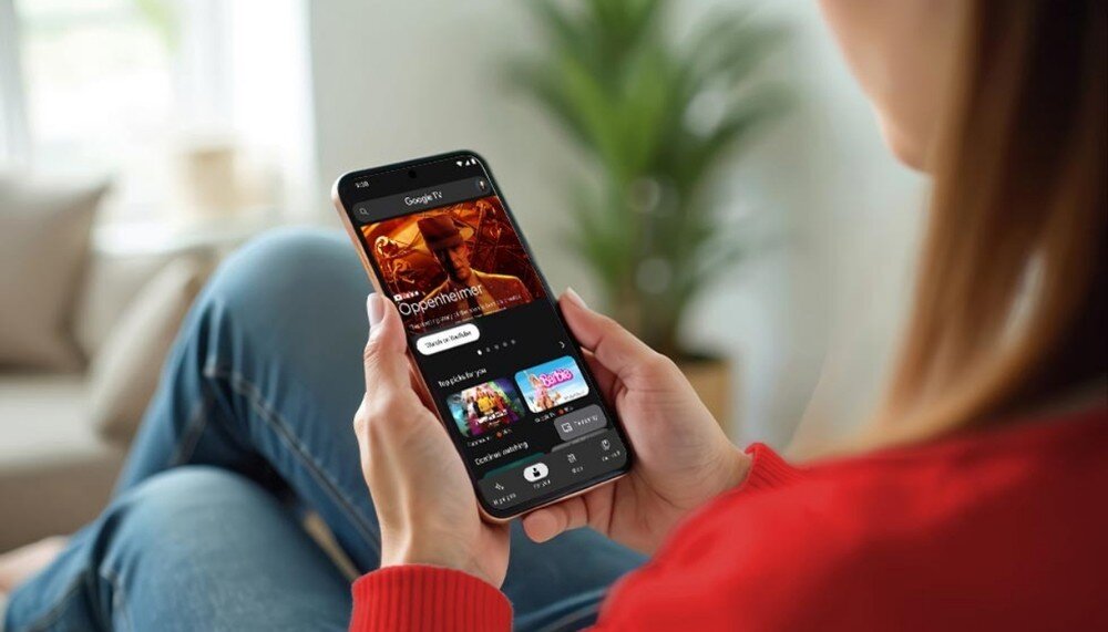 Telewizor SHARP 43HL4765E, aplikacja Google TV na telefonie, zdalne sterowanie, wyszukiwanie programów i klawiatura ekranowa, osoba siedzaca na kanapie z telefonem w ręku