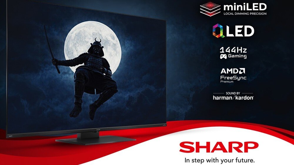 Telewizor SHARP 55JT8765E z technologią miniLED i QLED, szczegółowy obraz, wyrazisty kontrast i bogate kolory, telewizor po skosie na ciemnym tle