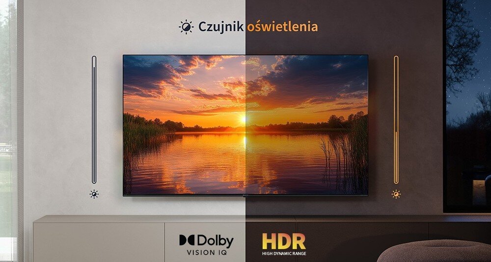 Telewizor SHARP 55JT8765E z Dolby Vision IQ, czujnikiem światła i technologiami QLED oraz miniLED, szczegółowy obraz w jasnych i ciemnych scenach, telewizor zawiesozny na ścianie w pomieszczeniu
