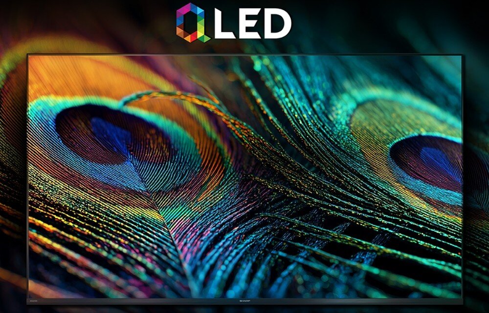 Telewizor SHARP 65JR7765E, technologia QLED, szeroka paleta barw, nasycone kolory, głębia obrazu i naturalne odcienie, pawie pióra