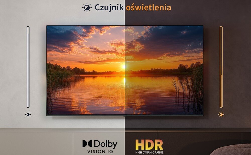 Telewizor SHARP 65JR7765E, Dolby Vision IQ, czujnik oświetlenia, inteligentne dopasowanie jasności, kontrastu i kolorów, telewizor zawieszony na ścianie w pomieszczeniu