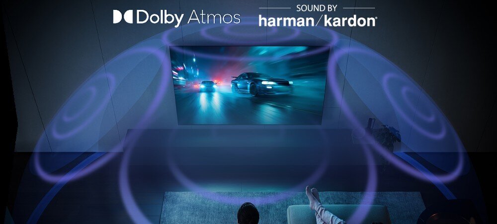 Telewizor SHARP 65JR7765E, system audio Harman/Kardon, głośniki średnio-niskotonowe i wysokotonowe, Dolby Atmos i przestrzenny dźwięk, telewizor zawieszony na ścianie w pomieszczeniu