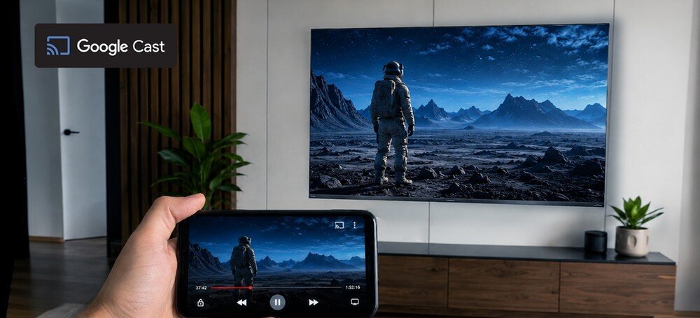 Telewizor SHARP 65JR7765E, Google Cast, Wi-Fi, bezprzewodowe przesyłanie filmów i seriali ze smartfona, tabletu lub komputera z przeglądarką Chrome, telewizor zawieszony na ścianie w pomieszczeniu