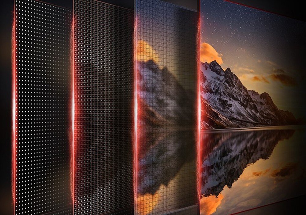 Telewizor SHARP 65JT8765E z podświetleniem miniLED, technologią Local Dimming Precision i QLED, kontrastowy obraz z detalami, rozwarstwienie matrycy na ciemnym tle