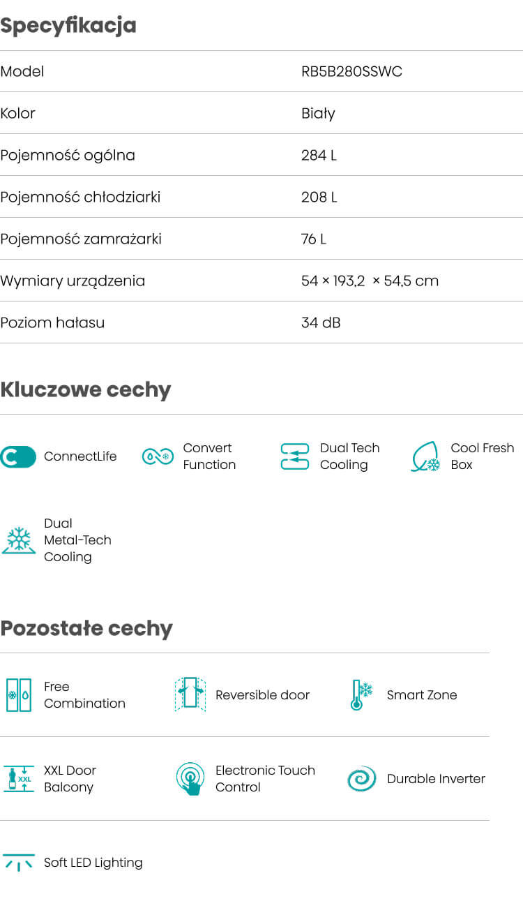 Specyfikacja lodówki HISENSE RB5B280SSWC obejmuje kolor biały, pojemność ogólną 284 L, wymiary 54 × 193,2 × 54,5 cm oraz poziom hałasu 34 dB. Kluczowe cechy to ConnectLife, Convert Function, Dual Tech Cooling i Cool Fresh Box.