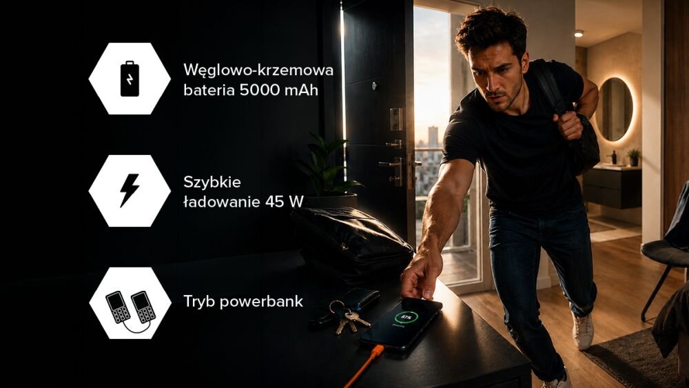 Mężczyzna w ciemnym pomieszczeniu sięga po smartfon leżący na stole, obok którego znajdują się klucze. Po lewej stronie obrazu widoczne są ikony z tekstem: \'Węglowo-krzemowa bateria 5000 mAh\', \'Szybkie ładowanie 45 W\', \'Tryb powerbank\'.