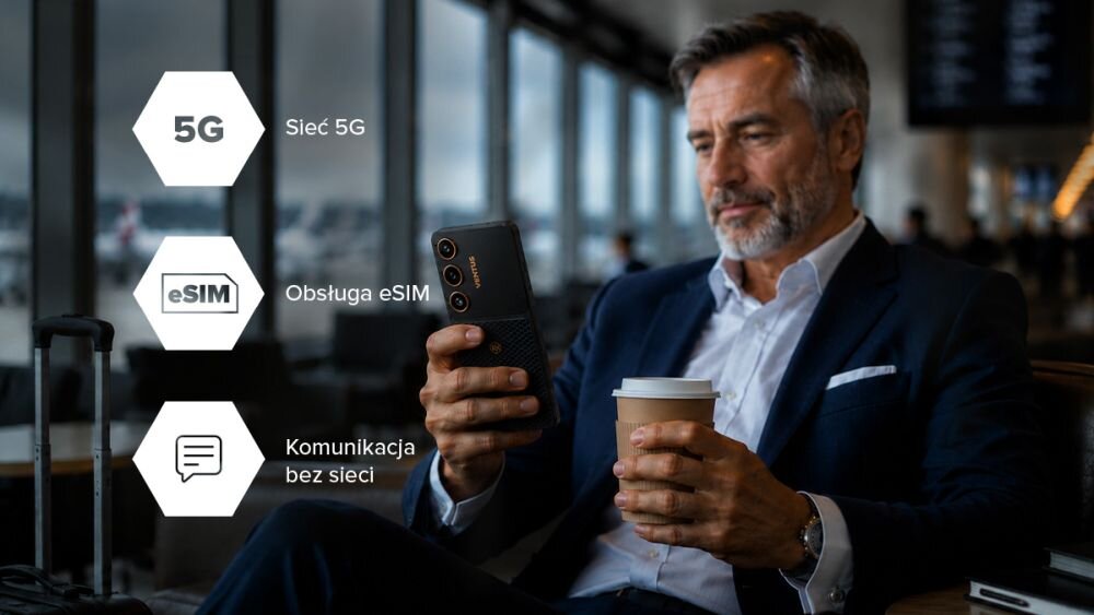 Mężczyzna w garniturze siedzi, trzymając smartfon i kubek z napojem. Obok widoczne są ikony z tekstem: \'5G Sieć 5G\', \'eSIM Obsługa eSIM\', \'Komunikacja bez sieci\'.