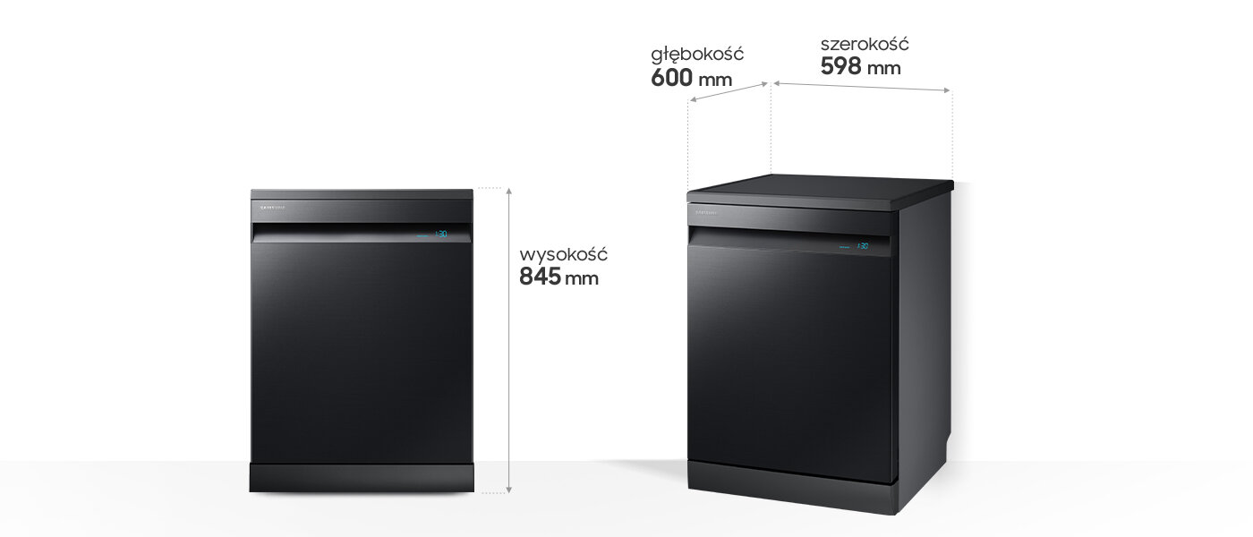 Specyfikacja zmywarka Samsung Obraz przedstawia dwie czarne zmywarki o wysokości 845 mm, głębokości 600 mm i szerokości 598 mm. Na białym tle widoczne są wymiary urządzeń.