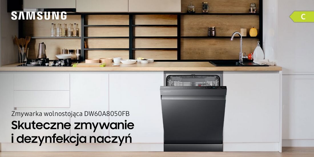 Zmywarka Samsung DW60A8050FB Kuchnia z nowoczesną zmywarką SAMSUNG DW60A8050FB w zabudowie, z otwartymi drzwiami. Na obrazie widoczny jest tekst: \'Zmywarka wolnostojąca DW60A8050FB Skuteczne zmywanie i dezynfekcja naczyń\'.