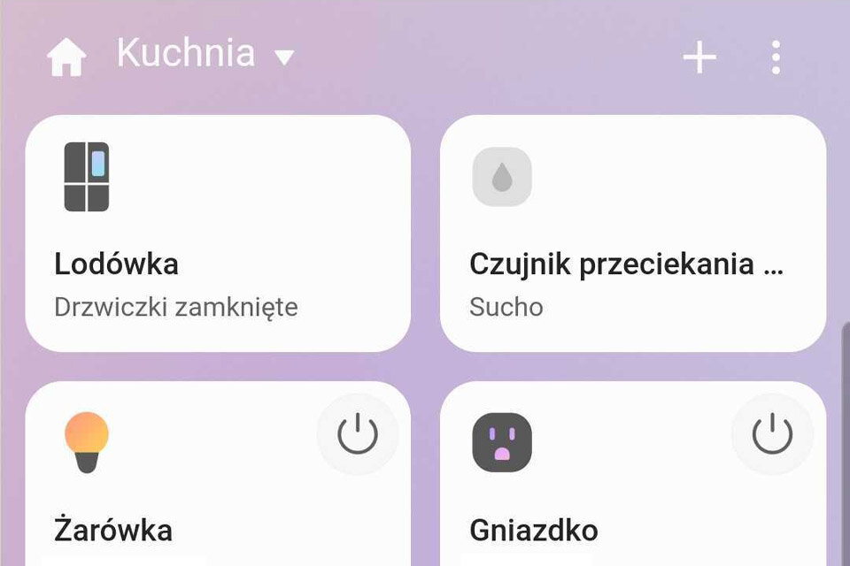 Kontrola eksploatacji Interfejs aplikacji z czterema kafelkami: \'Lodówka\' z informacją \'Drzwiczki zamknięte\', \'Czujnik przeciekania\' z informacją \'Sucho\', \'Żarówka\' oraz \'Gniazdko\'.