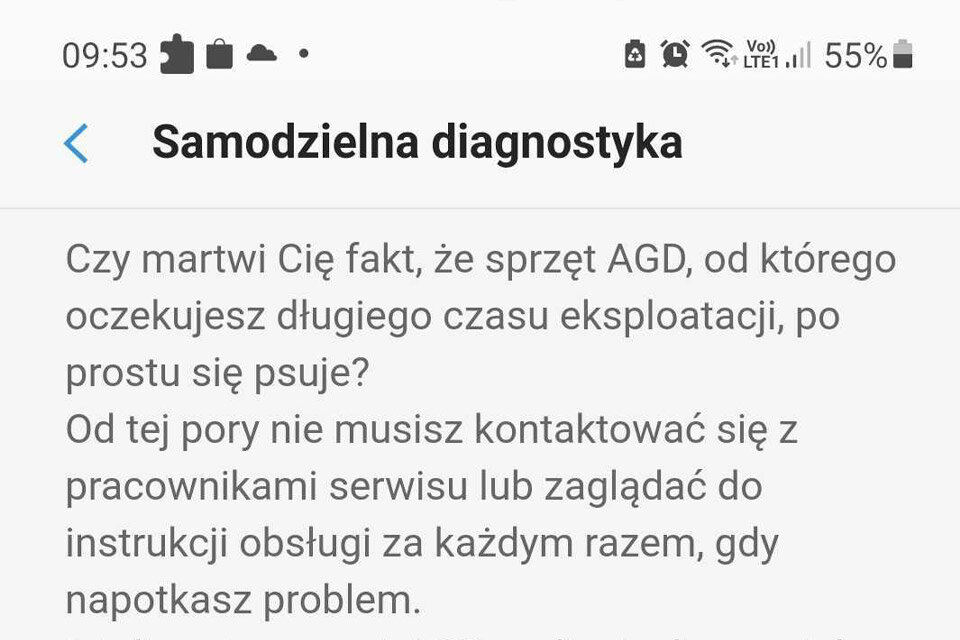 Diagnostyka w aplikacji Ekran telefonu z tekstem: \'Samodzielna diagnostyka. Czy martwi Cię fakt, że sprzęt AGD, od którego oczekujesz długiego czasu eksploatacji, po prostu się psuje? Od tej pory nie musisz kontaktować się z pracownikami serwisu lub zaglądać do instrukcji obsługi za każdym razem, gdy napotkasz problem.\'