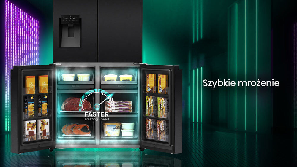 Otwarta lodówka z widocznymi produktami spożywczymi na półkach, z napisem \'FASTER Freezing Speed\'. Obok lodówki znajduje się tekst \'Szybkie mrożenie\'.