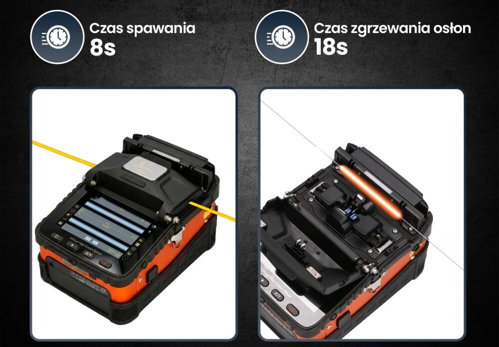 Obraz przedstawia dwa ujęcia spawarki światłowodowej z oznaczeniami czasów: \'Czas spawania 8s\' i \'Czas zgrzewania osłon 18s\'. Urządzenie ma czarną i pomarańczową obudowę z widocznymi elementami sterującymi i ekranem.