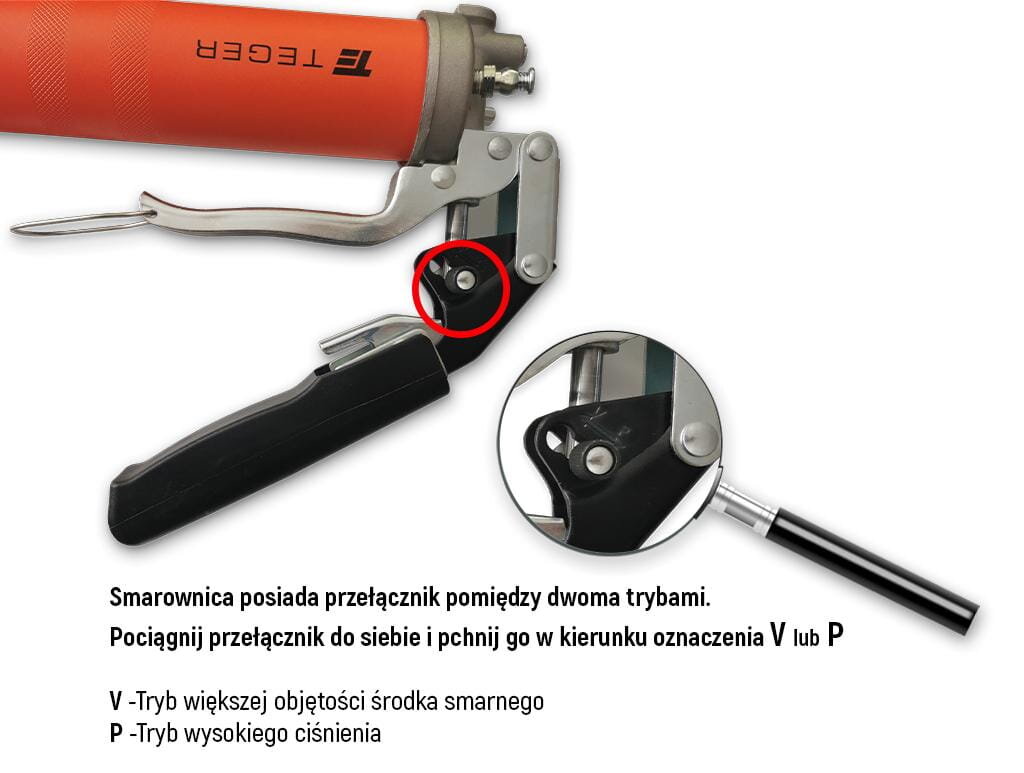 Smarownica ręczna z widocznym logo TEGER posiada przełącznik pomiędzy dwoma trybami, oznaczonymi jako V i P. Tekst: \'Smarownica posiada przełącznik pomiędzy dwoma trybami. Pociągnij przełącznik do siebie i pchnij go w kierunku oznaczenia V lub P. V - Tryb większej objętości środka smarnego, P - Tryb wysokiego ciśnienia.\'
