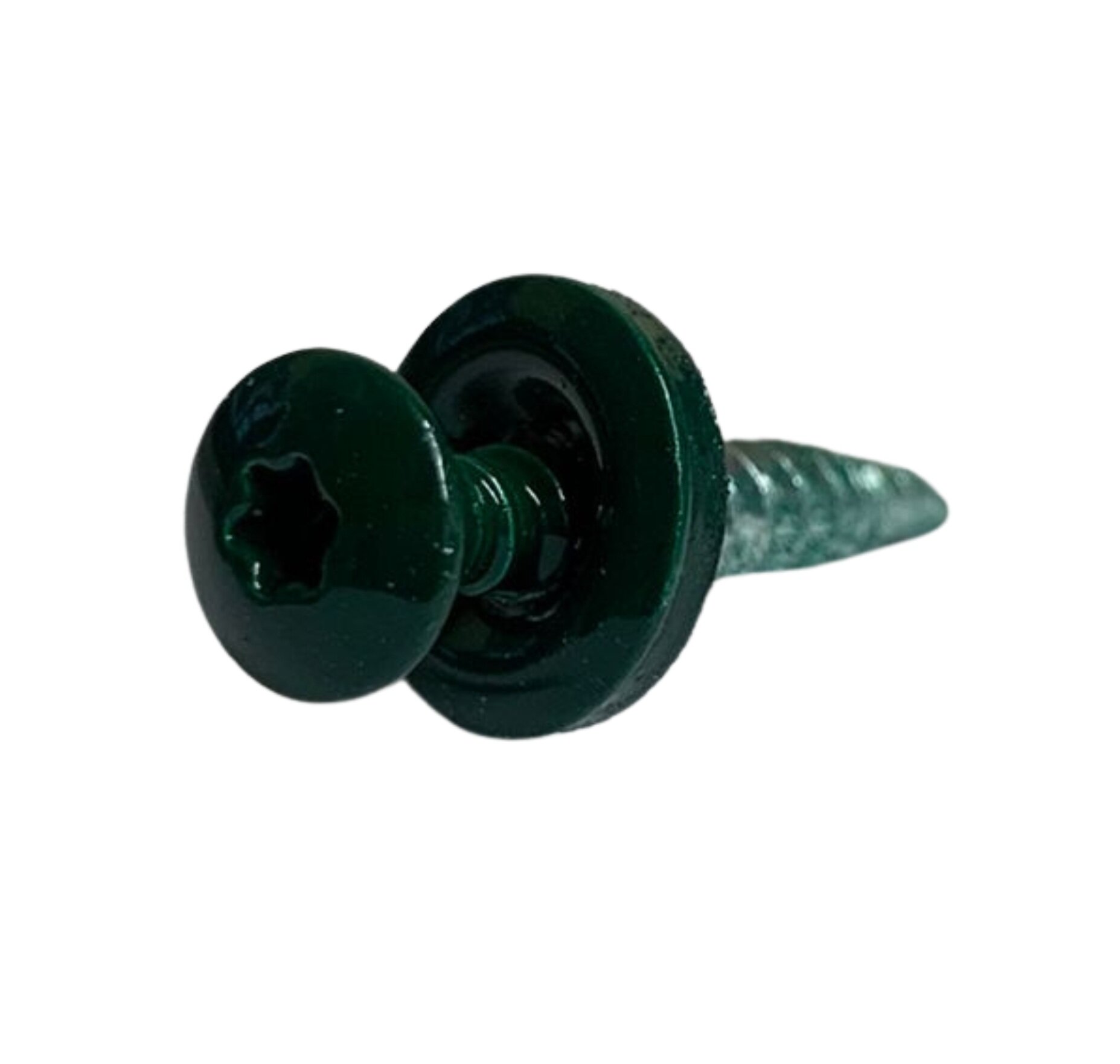 Na obrazie widoczny jest zielony wkręt z łbem typu TORX i podkładką. Wkręt ma metaliczny połysk i jest przeznaczony do mocowania blachy.