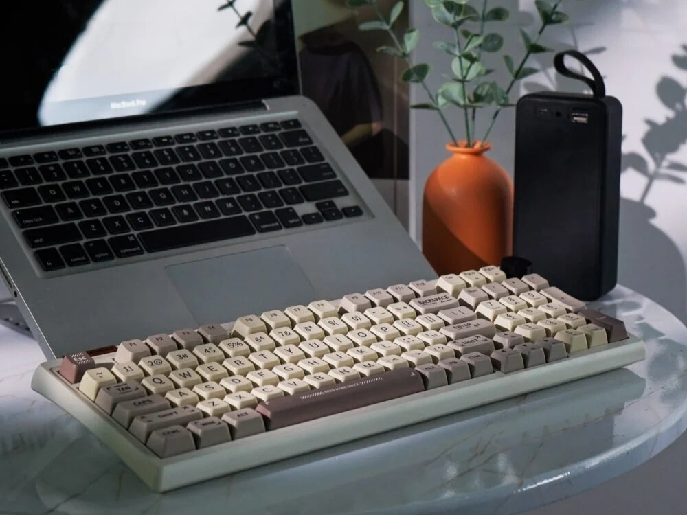 Na obrazie znajduje się klawiatura o retro wyglądzie z kremowymi i brązowymi klawiszami, ustawiona przed otwartym laptopem. Obok klawiatury stoi pomarańczowy wazon z zielonymi gałązkami oraz czarne urządzenie elektroniczne.