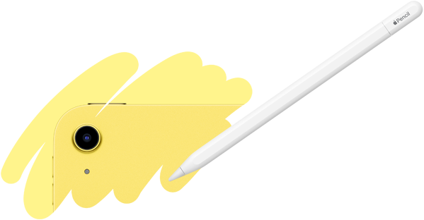 Na obrazie widoczny jest żółty tablet z aparatem fotograficznym oraz biały rysik z napisem \'Pencil\'.