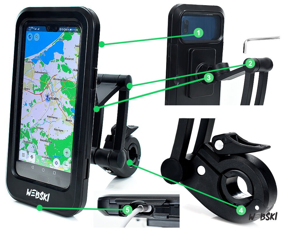 Na obrazie widoczny jest czarny uchwyt rowerowy i motocyklowy z zamocowanym telefonem, na którym wyświetlana jest mapa. Logo \'WEBSKI\' znajduje się na dolnej części uchwytu.