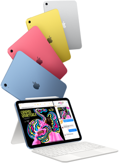 Na obrazie widoczne są cztery tablety w różnych kolorach: niebieskim, różowym, żółtym i srebrnym, z logo nadgryzionego jabłka. Przed nimi znajduje się tablet z wyświetlaczem, na którym widać kolorową grafikę i aplikację do wiadomości.