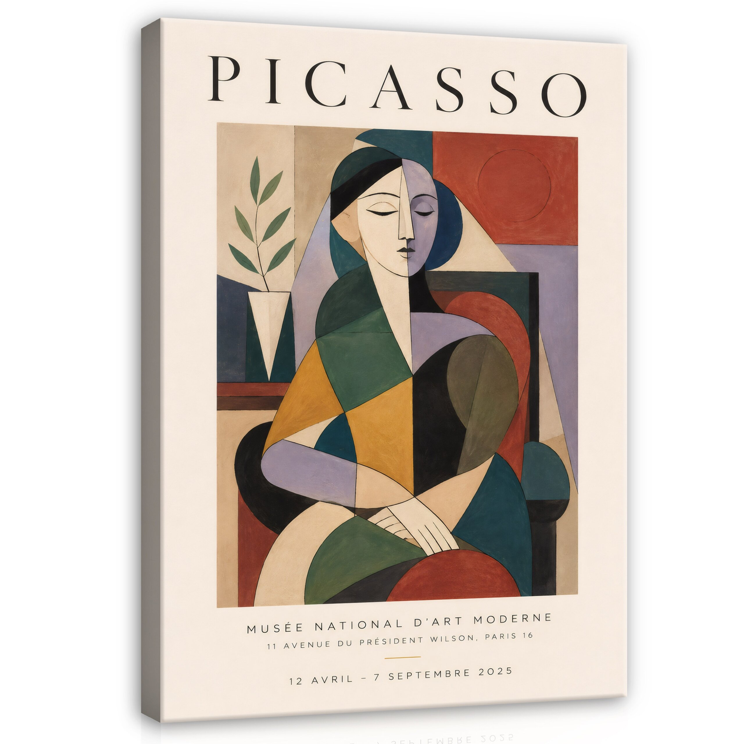 Obraz przedstawia abstrakcyjną postać kobiety w stylu kubistycznym, z geometrycznymi kształtami i różnorodnymi kolorami. Na górze widnieje napis \'PICASSO\', a poniżej znajdują się informacje o wystawie w Musée National d\'Art Moderne, datowane na 12 avril - 7 septembre 2025.