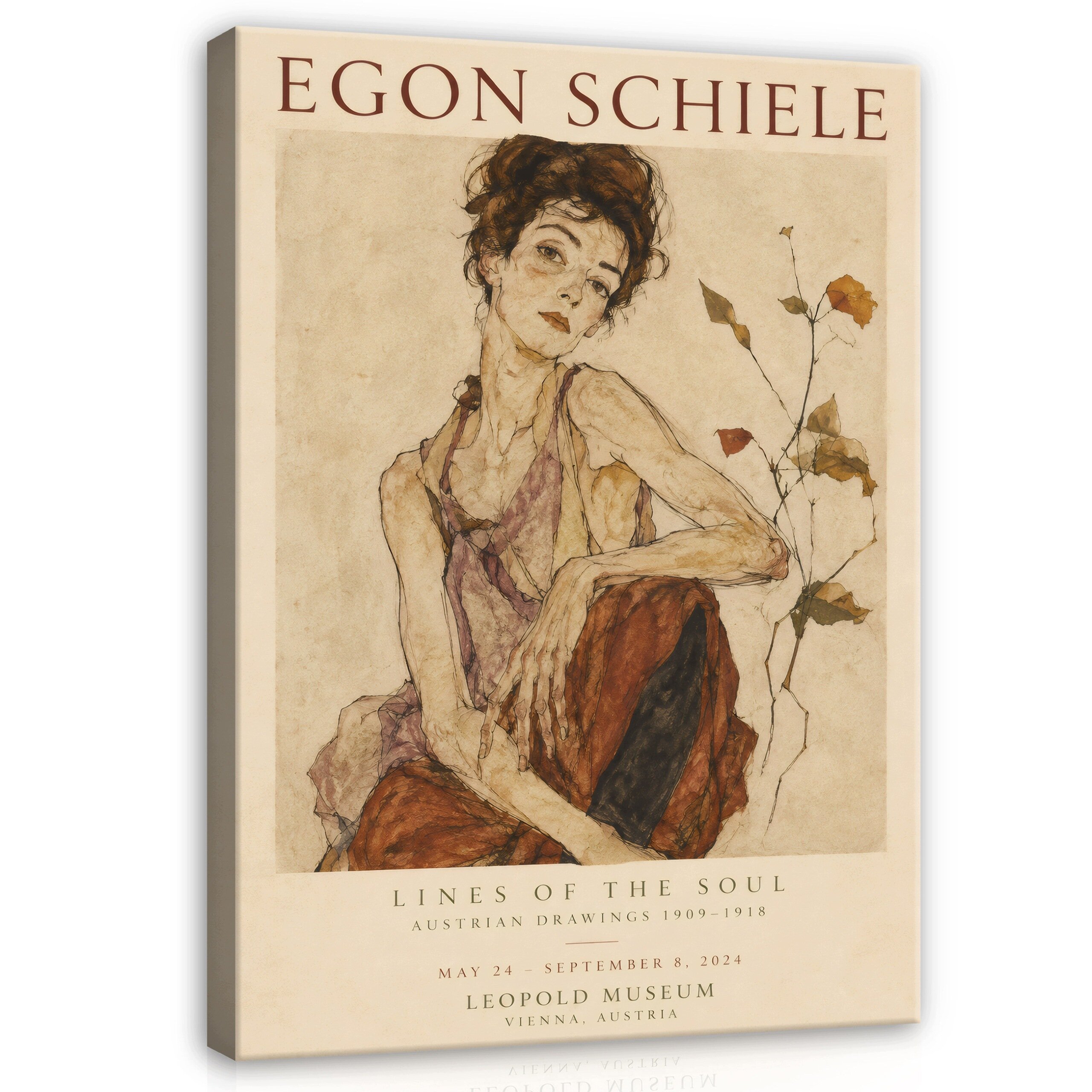 Obraz przedstawia kobietę siedzącą, z ręką opartą na kolanie, w stylu charakterystycznym dla Egona Schiele. Widoczny tekst: \'EGON SCHIELE\', \'LINES OF THE SOUL\', \'AUSTRIAN DRAWINGS 1909-1918\', \'MAY 24 - SEPTEMBER 8, 2024\', \'LEOPOLD MUSEUM\', \'VIENNA, AUSTRIA\'.