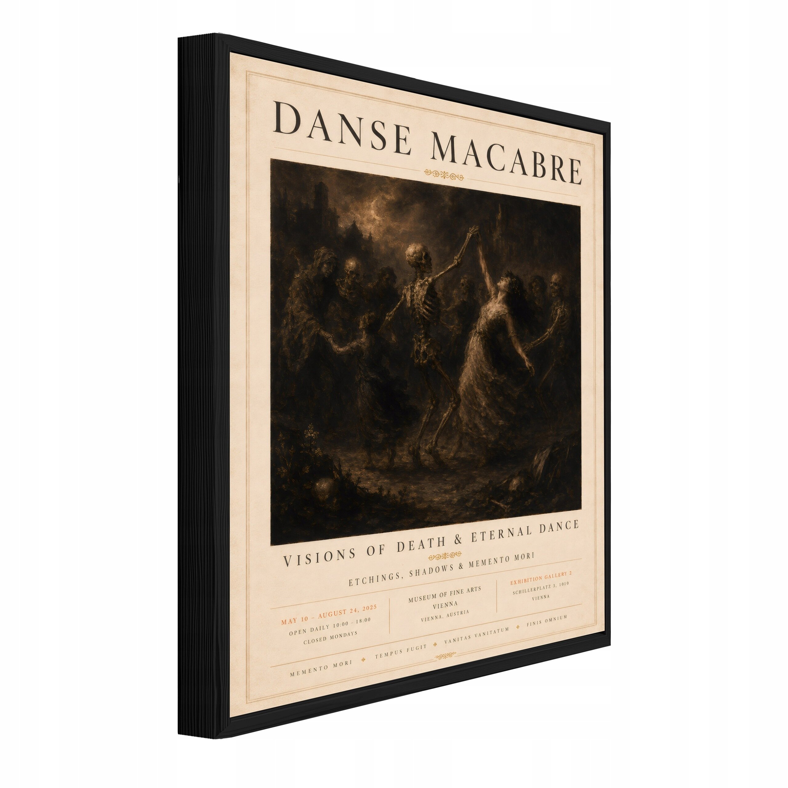 Obraz w ramie przedstawia ciemną scenę z tańczącymi postaciami, z napisem \'DANSE MACABRE\' na górze. Pod obrazem znajduje się tekst: \'VISIONS OF DEATH & ETERNAL DANCE\'.
