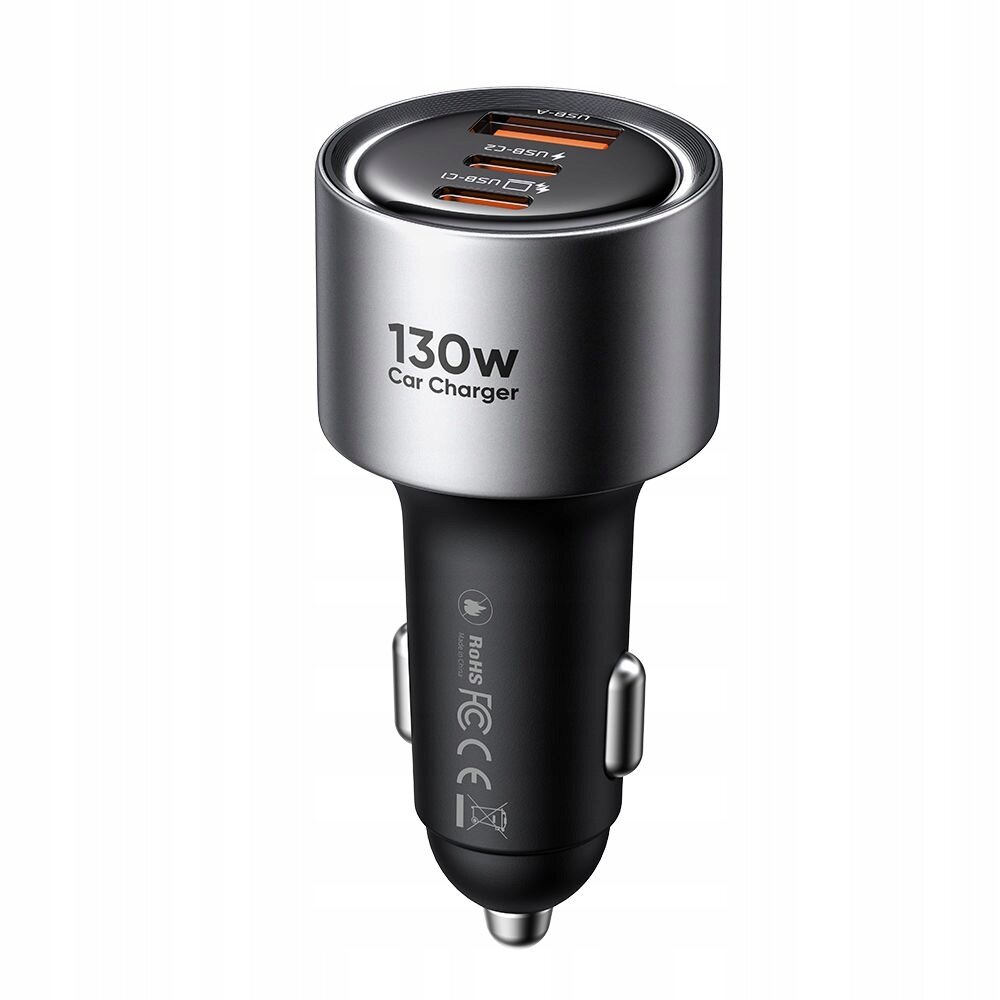 Srebrno-czarna ładowarka samochodowa z trzema portami: dwoma USB-C i jednym USB-A. Na obudowie widoczny jest napis \'130W Car Charger\'.