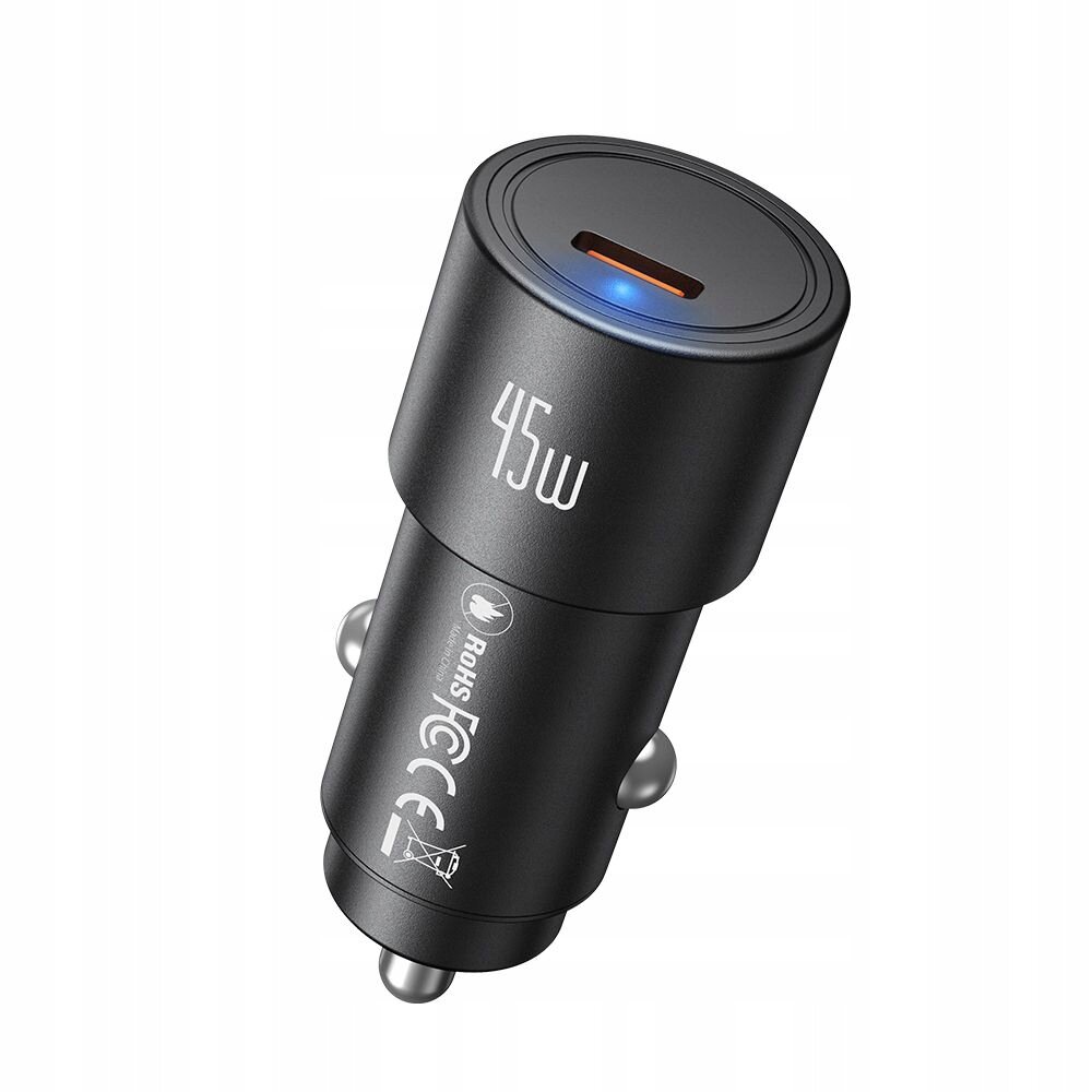 Czarna ładowarka samochodowa z portem USB-C i oznaczeniem \'45W\' na obudowie. Widoczne są symbole certyfikacji oraz niebieska dioda LED.