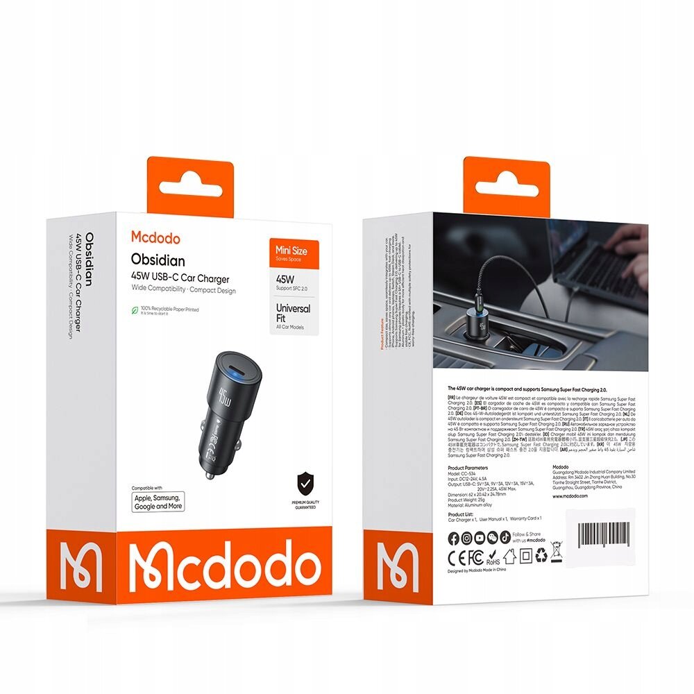 Opakowanie produktu Mcdodo Obsidian 45W USB-C Car Charger z widocznym zdjęciem ładowarki oraz informacjami o kompatybilności i specyfikacji. Na opakowaniu znajduje się logo Mcdodo oraz teksty dotyczące cech produktu, takich jak \'Mini Size\', \'Universal Fit\' i \'Premium Quality Guaranteed\'.