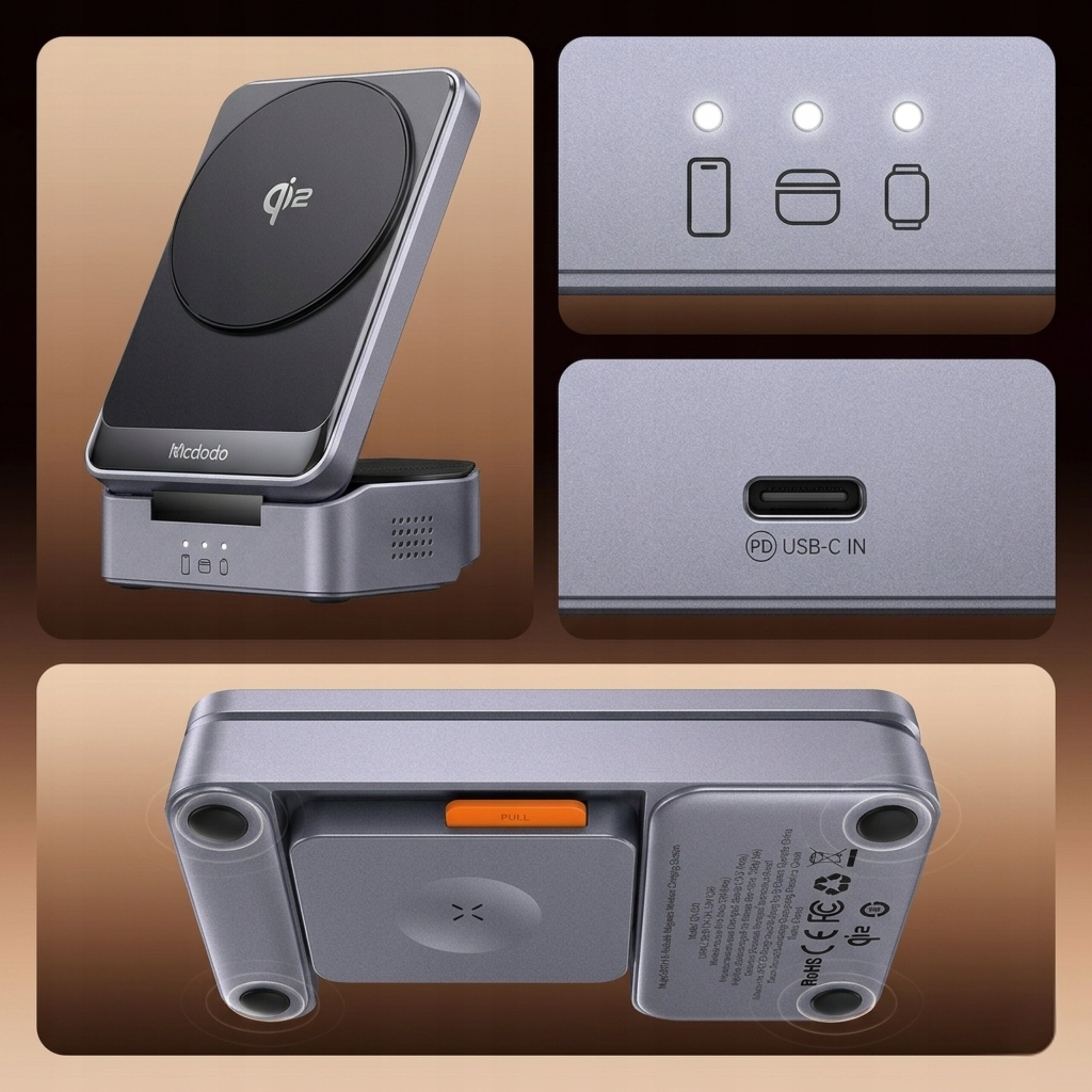 Obraz przedstawia ładowarkę indukcyjną z logo \'Mcdodo\' i oznaczeniem \'qi2\'. Widoczne są także ikony urządzeń, port USB-C z napisem \'PD USB-C IN\' oraz dolna część z gumowymi nóżkami i napisem \'PULL\'.