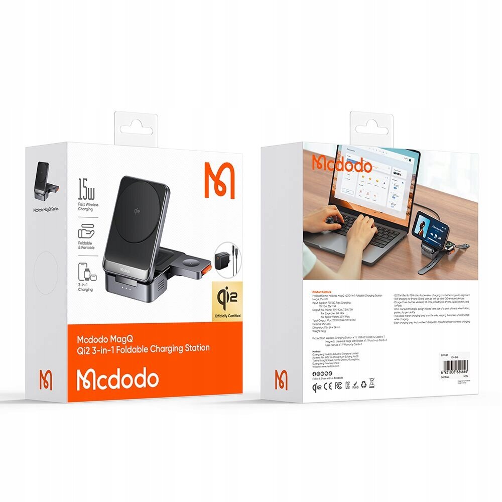 Opakowanie produktu Mcdodo MagQ Qi2 3-in-1 Foldable Charging Station z widocznym logo Mcdodo. Na opakowaniu znajdują się informacje o ładowaniu bezprzewodowym 15W oraz certyfikacie Qi2.