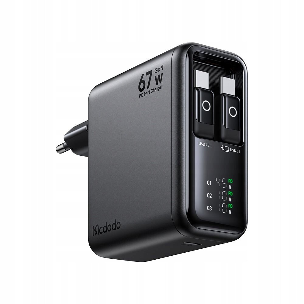 Czarna ładowarka sieciowa z trzema portami USB-C, oznaczona jako \'67W GaN PD Fast Charger\'. Na obudowie widoczne jest logo \'Mcdodo\'.