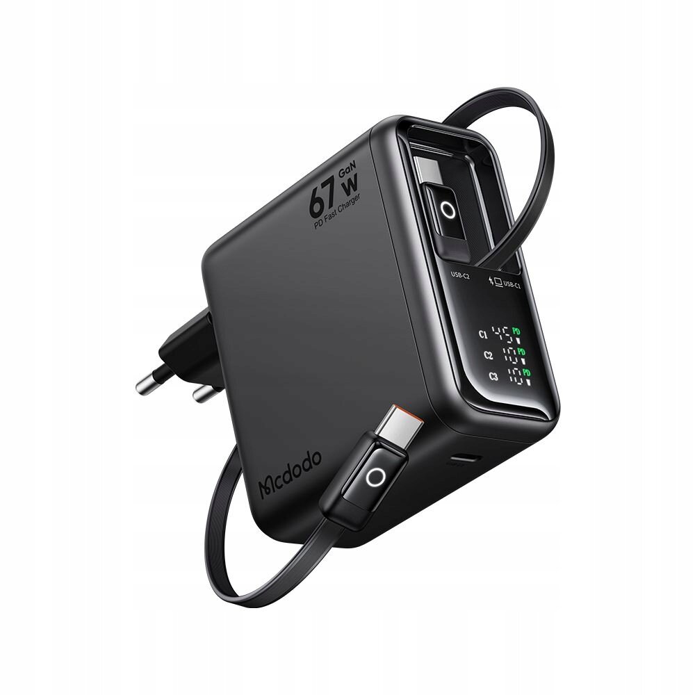 Czarna ładowarka sieciowa z trzema portami USB-C i oznaczeniem \'67W GaN PD Fast Charger\'. Widoczne logo \'Mcdodo\' oraz dwa kable USB-C o długości 1 metra.