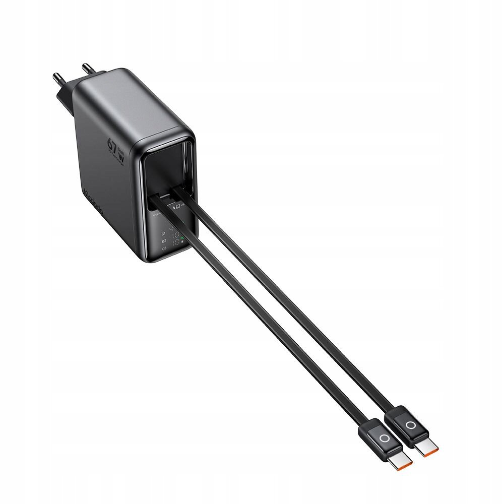Czarna ładowarka sieciowa z dwoma podłączonymi kablami USB-C. Na obudowie widoczne są oznaczenia 67W oraz logo producenta.