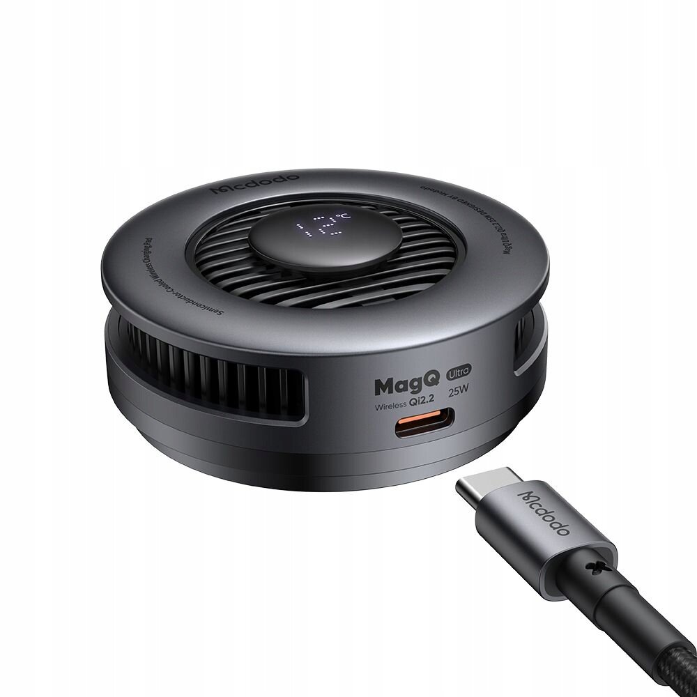 Okrągła ładowarka indukcyjna z widocznym logo \'Mcdodo\' i napisem \'MagQ Ultra Wireless QI2.2 25W\'. Obok znajduje się kabel z końcówką USB-C z napisem \'Mcdodo\'.
