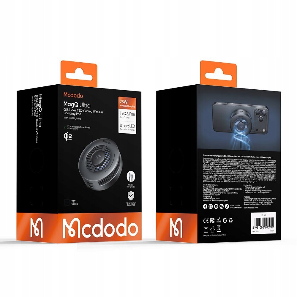 Opakowanie produktu Mcdodo MagQ Ultra, przedstawiające ładowarkę indukcyjną z funkcją chłodzenia TEC i wentylatorem. Na opakowaniu widoczny jest tekst: \'25W Wireless Charging\', \'TEC & Fan that cools\', \'Smart LED\'.