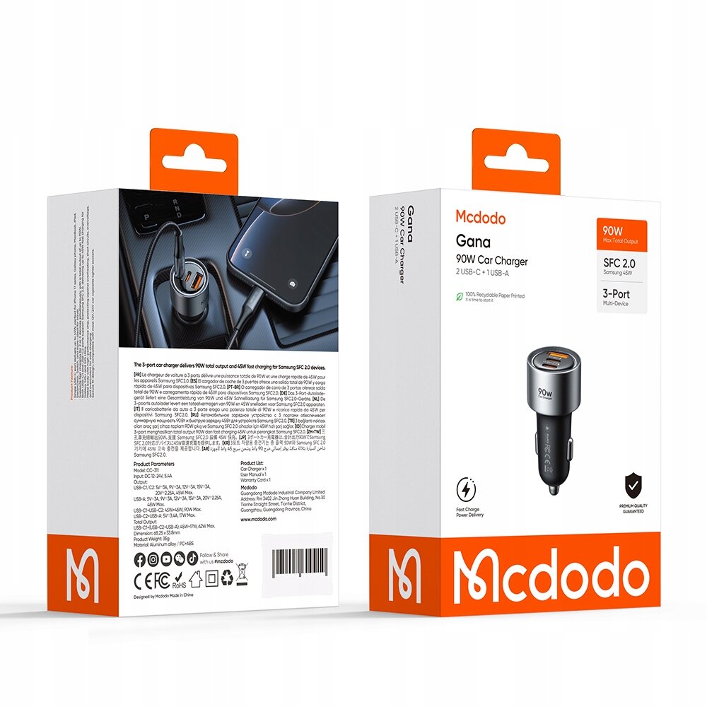 Opakowanie ładowarki samochodowej Mcdodo Gana 90W z 2 portami USB-C i 1 portem USB-A. Na opakowaniu widoczne są informacje o szybkim ładowaniu SFC 2.0 oraz zdjęcie produktu.