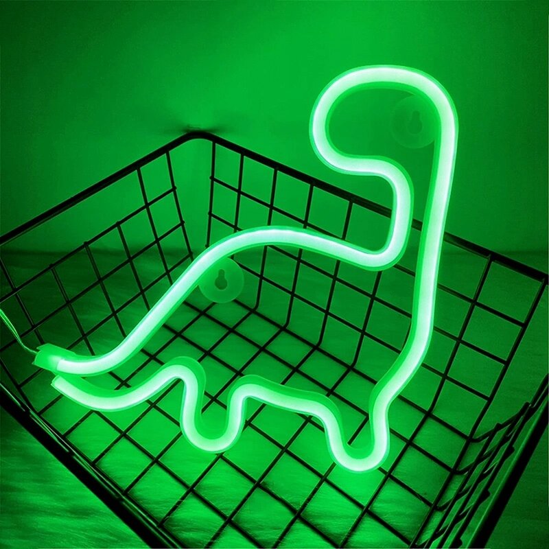 Neonowa lampka LED w kształcie dinozaura świeci jasnozielonym światłem, umieszczona na metalowej kratce.